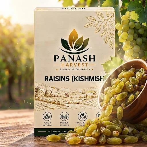 PANASH HARVEST Raisins (Kishmish) carton beside a wooden bowl spilling raisins