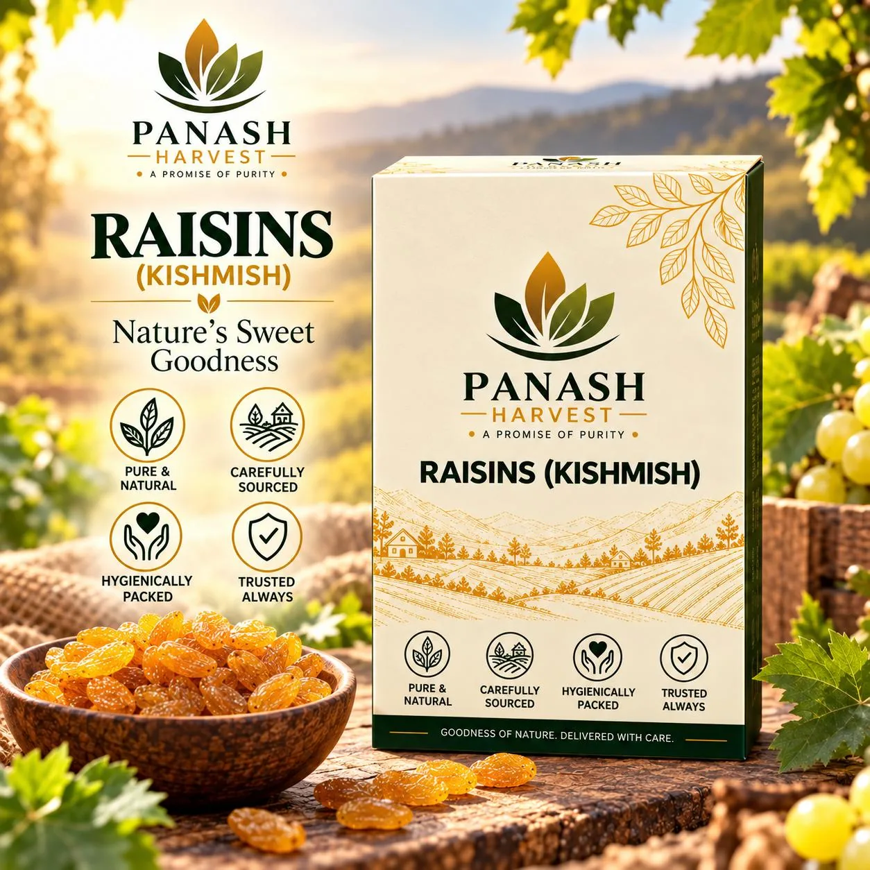 PANASH HARVEST Raisins (Kishmish) carton displayed outdoors beside a bowl of golden raisins and grapevines